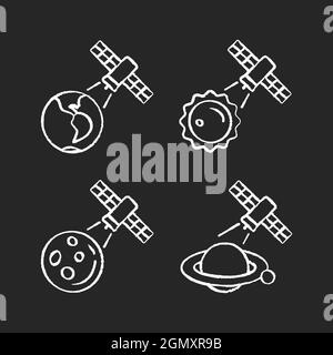 Observation des corps célestes craie icônes blanches sur fond sombre Illustration de Vecteur