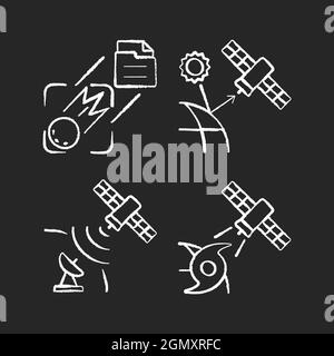 Les satellites de surveillance de la température craie des icônes blanches sur fond sombre Illustration de Vecteur