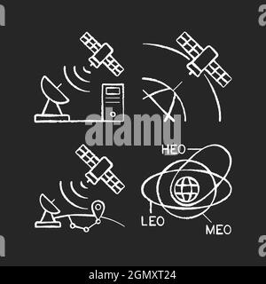 Les icônes blanches de la radionavigation par satellite sont affichées sur fond sombre Illustration de Vecteur