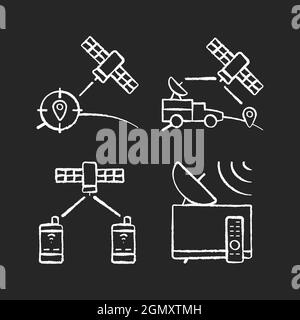 Les icônes blanches des satellites de communication sont affichées sur fond sombre Illustration de Vecteur