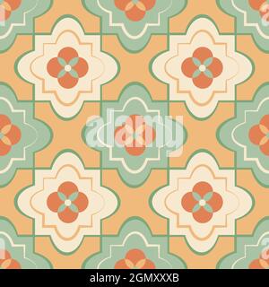 Arrière-plan de motif vectoriel sans couture quatrefoil. Toile de fond de style azulejo avec motifs de feuilles historiques dans les tons pastel teal, orange, jaune. Décoration orientale Illustration de Vecteur