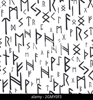 Runes Schéma ethnique sans couture. Alphabet runique, Futhark. Symboles occultes de la norse antique, lettres noires vikings sur blanc, police rune. Design pour tissu, wa Illustration de Vecteur