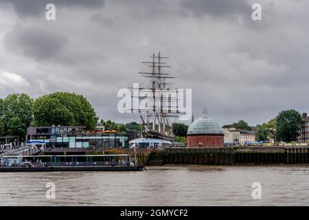 Le Cutty Sark Clipper Ship, pris de la Tamise, Greenwich, Londres, Royaume-Uni. Banque D'Images