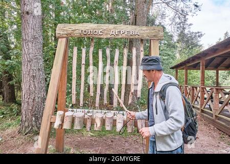 Homme mature avec sac à dos jouant xylophone en bois sur le sentier écologique Banque D'Images