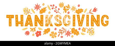 Lettrage décoratif pour le jour de Thanksgiving avec éléments de design d'automne. Illustrations vectorielles pour bannières, cartes, affiches et invitations Illustration de Vecteur