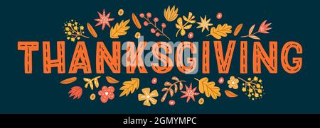 Lettrage décoratif pour le jour de Thanksgiving avec éléments de design d'automne. Illustrations vectorielles pour bannières, cartes, affiches et invitations Illustration de Vecteur