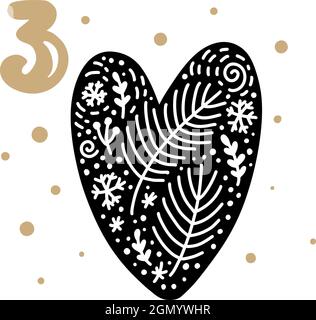 Calendrier de l'Avent avec joli vecteur scandinave dessiné à la main. Vingt-quatre jours avant Noël. Troisième jour. Hiver Illustration d'un grand coeur charmant Illustration de Vecteur
