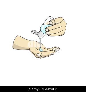 Gros plan avec gel désinfectant pour les mains pour empêcher le vecteur du virus Covid-19 illustration tirée à la main isolée sur fond blanc Illustration de Vecteur