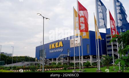 Le premier magasin IKEA à Hyderabad, en Inde. Chaîne scandinave vendant des meubles prêts à assembler, ainsi que des articles ménagers, dans un espace semblable à un entrepôt Banque D'Images