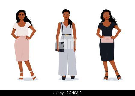 Femme afro moderne et élégante dans un style plat. Personnages féminins vectoriels dans différents vêtements. Tenue de soirée. Combinaison de bureau Illustration de Vecteur