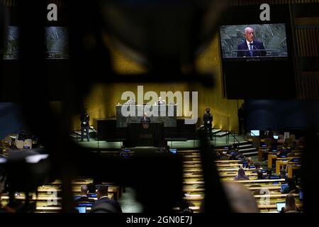 New York, États-Unis. 21 septembre 2021. Le Président du Portugal, Marcelo Rebelo de Sousa, s'adresse à la 76e session de l'Assemblée générale des Nations Unies le mardi 21 septembre 2021 à New York. (Photo de piscine par Eduardo Munoz/UPI) crédit: UPI/Alamy Live News Banque D'Images