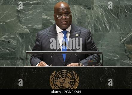 New York, États-Unis. 21 septembre 2021. Le président de la République démocratique du Congo, Felix Antoine Tshisekedi Tshilombo, s'adresse à New York à la 76e session de l'Assemblée générale des Nations Unies, le mardi 21 septembre 2021. (Photo de piscine par Eduardo Munoz/UPI) crédit: UPI/Alamy Live News Banque D'Images