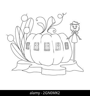 Esquisse d'une fantastique maison de citrouille. Maison de gnome de citrouille. Illustration vectorielle. Livre de coloriage pour enfants Illustration de Vecteur