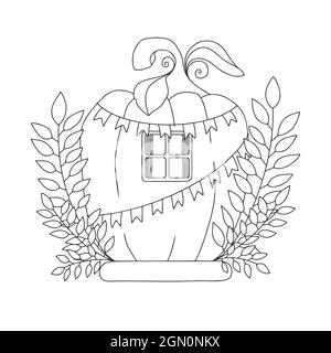 Esquisse d'une fantastique maison de citrouille. Maison de gnome de citrouille. Illustration vectorielle. Livre de coloriage pour enfants Illustration de Vecteur