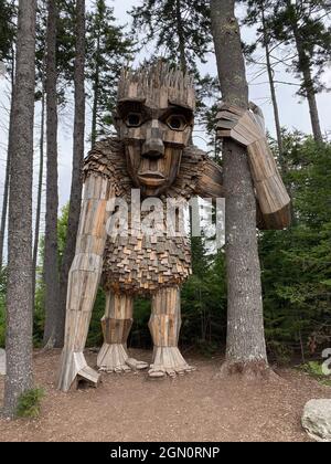 Roskva est l'un des cinq trolls des jardins botaniques côtiers de Boothbay, Maine. Elle représente le tronc de l'arbre. L'artiste est Thomas Dambo, et il fabrique, tous à partir de matériaux recyclés, la tête, les mains et les pieds dans son studio de Copenhague, au Danemark. Il les expédie ensuite partout où ils vont dans le monde. Une fois dans leur « maison », les matériaux recyclés sont rassemblés pour fabriquer les corps. Pour les jardins du Maine, environ 750 palettes ont été utilisées. Banque D'Images