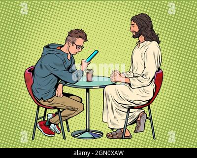 Jésus vous attend, sauveur et homme occupé à la table. Christianisme et religion, prédication et foi Illustration de Vecteur