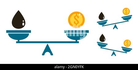 Vecteur ensemble icônes d'une échelle avec le pétrole et l'argent. Illustration vectorielle d'un équilibre entre l'argent et le pétrole. Monnaie, huile et tartre. Illustration de Vecteur