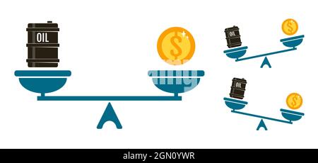 Vecteur ensemble icônes d'une échelle avec baril de pétrole et d'argent. Illustration vectorielle d'un équilibre entre l'argent et le baril de pétrole. Monnaie, huile et tartre. Illustration de Vecteur