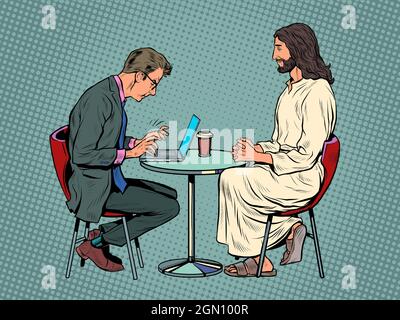 Jésus vous attend, sauveur et homme occupé à la table. Christianisme et religion, prédication et foi Illustration de Vecteur