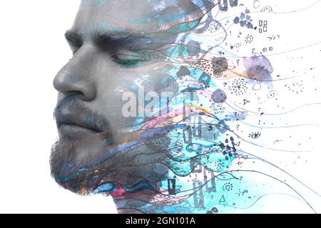 Paintographie.peinture expansive combinée à un portrait monochromatique d'un homme Banque D'Images