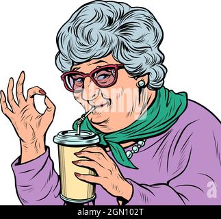 une femme âgée, granny, boit une boisson à base de coke, geste ok Illustration de Vecteur