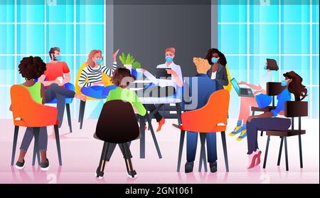 mélangez l'équipe des hommes d'affaires de la course dans des masques de discussion pendant le chat de réunion remue-méninges de la communication Illustration de Vecteur