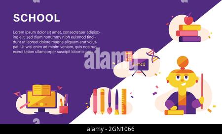 Illustration vectorielle des icônes de l'école sur fond blanc violet. Illustration de Vecteur