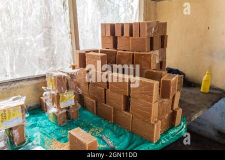 OBANDO, COLOMBIE - 14 SEPTEMBRE 2015 : briques de panela (sucre de canne entier non raffiné) dans une petite usine d'Obando près de San Agustin, Colombie Banque D'Images