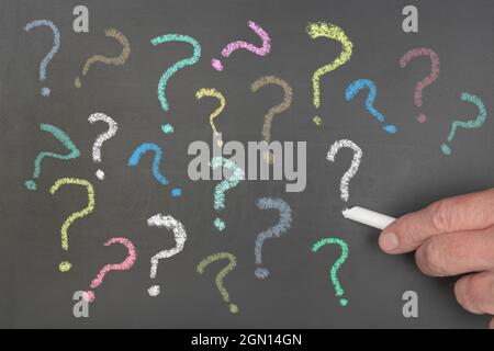 Image conceptuelle de plusieurs points d'interrogation écrits sur un tableau à craie pour mettre en évidence la question sans réponse, les messages inconnus ou confus Banque D'Images