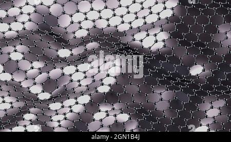 Graphène structure hexagonale en mouvement sur fond gris comme concept d'intelligence artificielle. Illustration 3D. Rendu 3D Banque D'Images