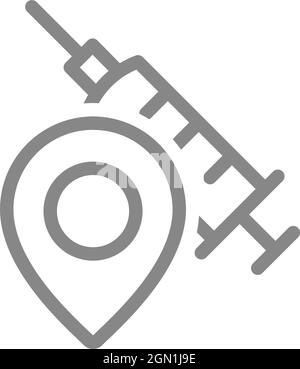 Seringue médicale avec icône de ligne de localisation. Navigation par injection, centre de vaccination de la population, symbole d'immunité mondiale Illustration de Vecteur