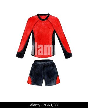 Illustration aquarelle d'un uniforme de football à manches longues rouge et noir. T-shirt et short de sport. La disposition de l'uniforme du club de football. Isolé o Banque D'Images