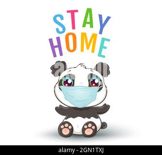 Illustration vectorielle d'un panda mignon avec masque médical dans le style kawaii. Affiche vectorielle de séjour à la maison avec panda mignon. Arrêter le coronavirus. Illustration de Vecteur