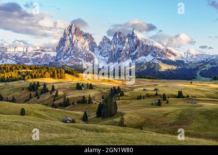Peu avant le coucher du soleil sur l'Alpe di Siusi dans le Tyrol du Sud, Italie Banque D'Images