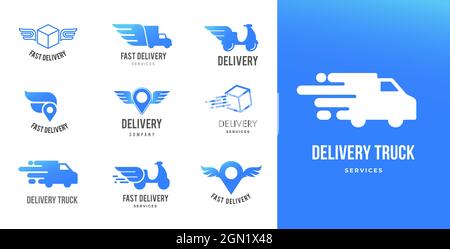Collection Blue Delivery logos, ensemble d'emblèmes, symboles et icônes. Concept de livraison rapide Illustration de Vecteur