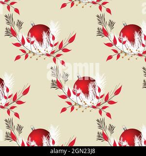 Motif sans couture avec branches blanches et boules rouges pour les fêtes de fin d'année, cartes de vœux, imprimés, affiches, textiles, fonds d'écran, inv Illustration de Vecteur