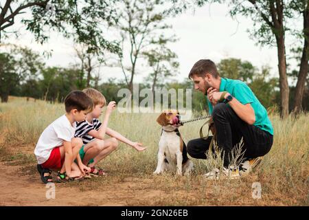 Père et deux fils enseignent à l'animal de compagnie de donner Paw. Chien Beagle de race pure à pied avec le propriétaire à la campagne le Summerday. Des moments agréables avec des animaux domestiques... Banque D'Images