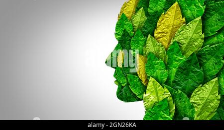 La pensée écologique et la stratégie verte comme un groupe de feuilles de papier abstrait obects comme des feuilles formées comme une tête humaine représentant le jour de la terre et l'environnement mondial. Banque D'Images