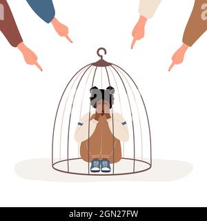 Fille enfermée dans la cage. Les doigts pointant sur la triste femme africaine. Adolescent déprimé se serrant les genoux et pleurant. Intimidation scolaire. Mouvement d'autonomisation. Vecteur Illustration de Vecteur