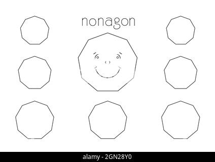 figure d'avion de base avec neuf côtés, page de coloration éducative pour les enfants avec un grand dessin animé nonagon et sept formes de plus à la couleur Banque D'Images