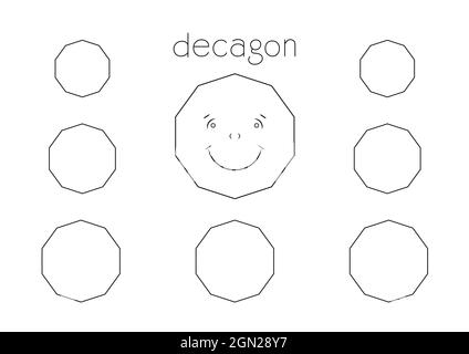 forme géométrique avec dix côtés, page de coloriage pour les enfants avec un grand dessin animé decagon et plus de formes à la couleur, contour noir et blanc illustration Banque D'Images