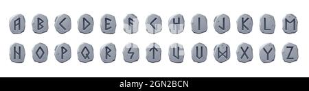 Alphabet des runes viking, police celtique avec des signes runes anciens sur des pièces en pierre grise. Lettres scandinaves de style ABC, symboles de type futuriste, éléments graphiques de jeu ou d'interface utilisateur, ensemble de vecteurs de dessin animé Illustration de Vecteur