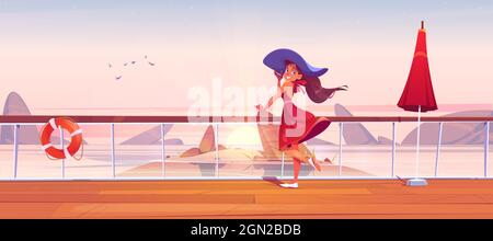 Belle fille sur pont de bateau de croisière ou remblai avec rail, parapluie et bouée de sauvetage. Paysage de dessin animé vectoriel de la mer avec des rochers, le soleil levant et la femme en chapeau sur le pont de bateau en bois ou quai avec balustrade Illustration de Vecteur