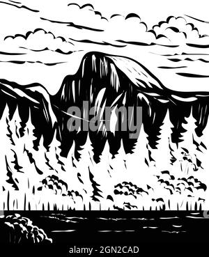 Affiche WPA art monochrome de Half Dome à l'extrémité est de Yosemite Valley dans le parc national de Yosemite, États-Unis fait en travaux administration de projet noir Illustration de Vecteur