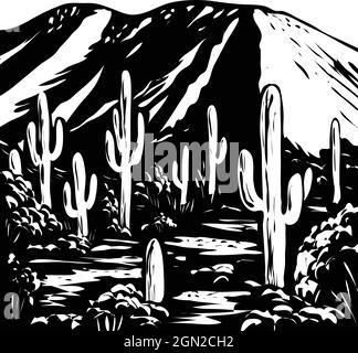 Affiche WPA art monochrome de Wasson Peak dans le Tucson Mountain District de Saguaro National Park Arizona, USA fait en travaux administration de projet bl Illustration de Vecteur