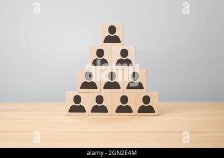 Pyramide du personnel, Ressources humaines et PDG. Image de concept d'affaires de piramid en bois avec des icônes de personnes sur la table, les ressources humaines et la gestion Banque D'Images