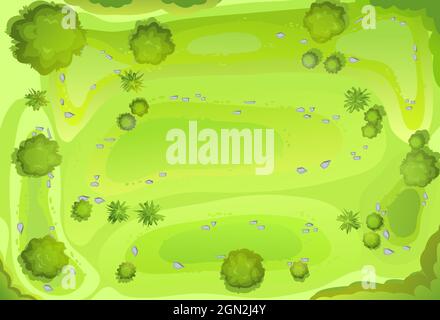 Pelouse vallonnée dans la forêt. Vue de dessus. Campagne paysage rural. Feuillage vert d'arbres et d'arbustes. Vue de dessus. Illustration d'arrière-plan dans la cartoo Illustration de Vecteur
