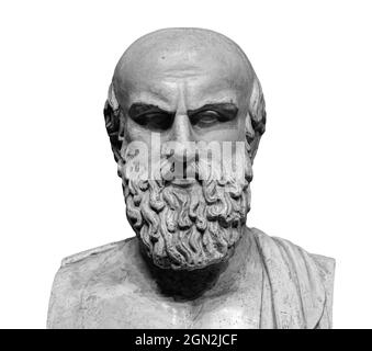 Ancienne statue du poète grec Aeschylus isolée sur fond blanc.Sculpture de l'homme de la vieille barbe Banque D'Images