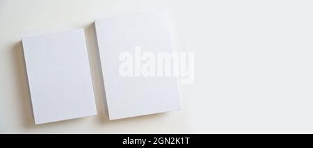 Deux livres vierges couvrent un espace vide pour afficher votre texte ou vos marques sur fond blanc. Vue de dessus, Flat lay Banque D'Images