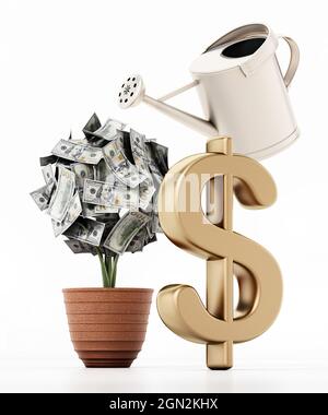 Usine d'argent dans le pot. 100 dollars de factures sur l'usine. Illustration 3D. Banque D'Images